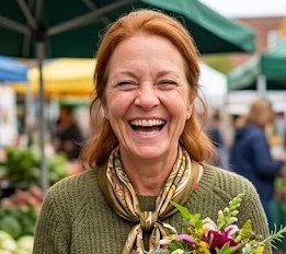 Illustrative photo of a laughing woman at a market